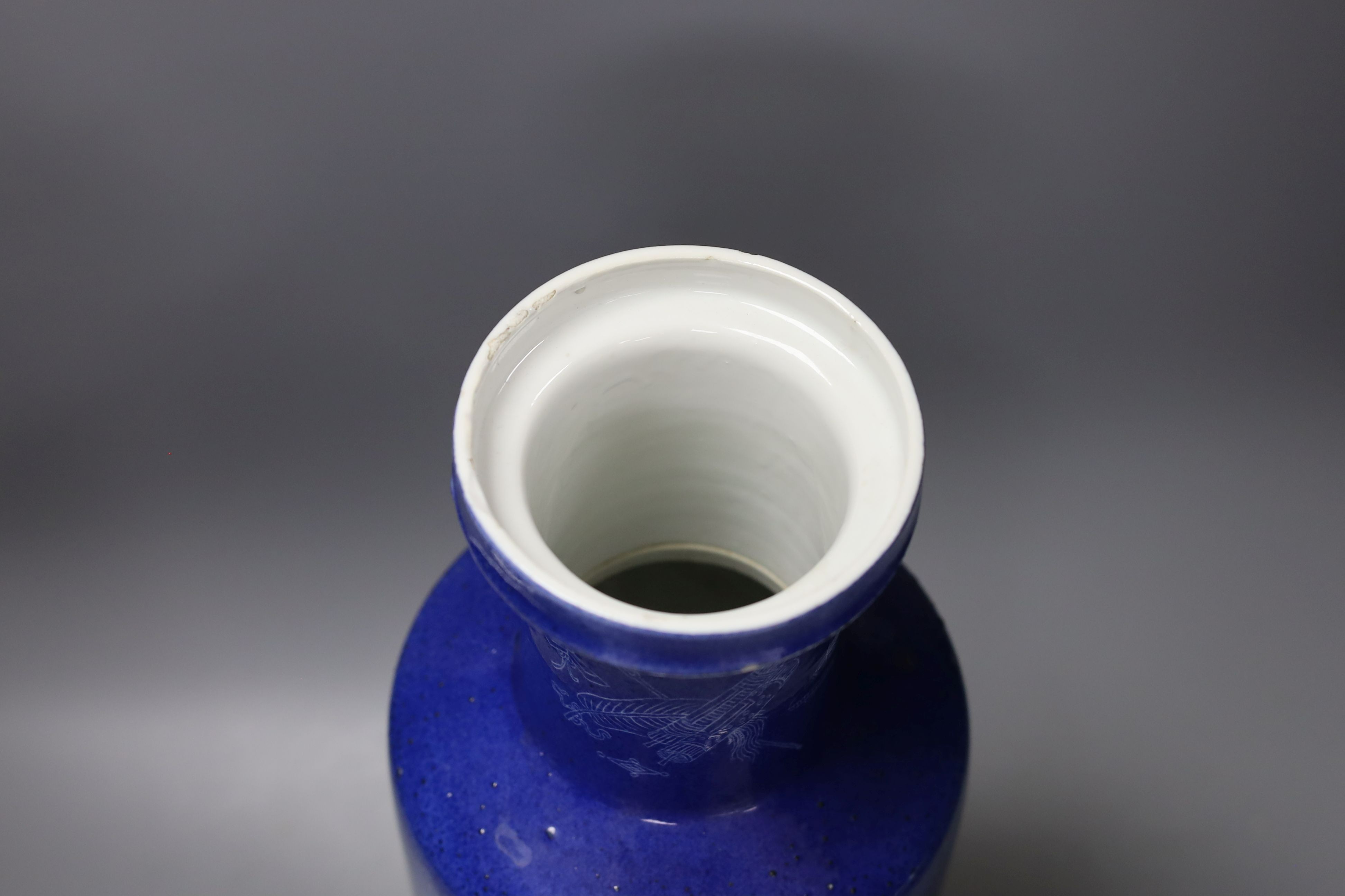 An early 20th century Chinese powder blue sgraffito rouleau vase - 44.5cm tall